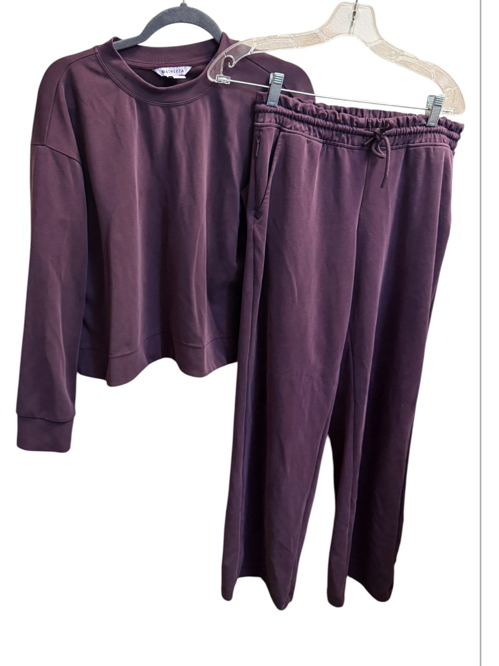 ATHLETA SEASOFT SET CREWNECK SWEATSHIRT MED MID RISE STRAIGHT PANT SMALL PURPLE